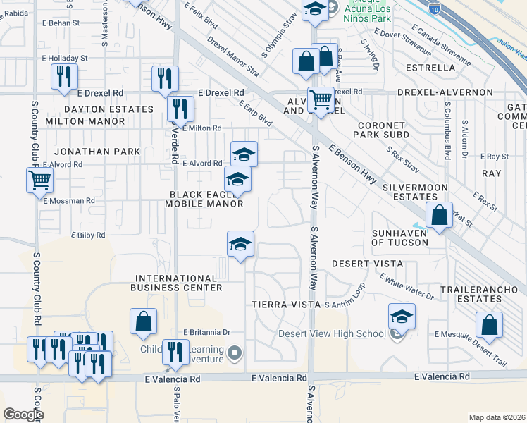 map of restaurants, bars, coffee shops, grocery stores, and more near 6088 South Nantac Rim Drive in Tucson