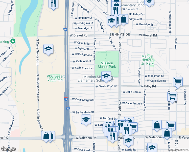 map of restaurants, bars, coffee shops, grocery stores, and more near 6015 South Santa Clara Avenue in Tucson