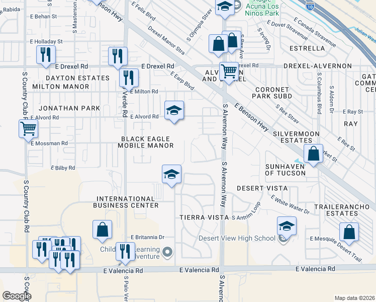 map of restaurants, bars, coffee shops, grocery stores, and more near 6000 South Nantac Rim Drive in Tucson