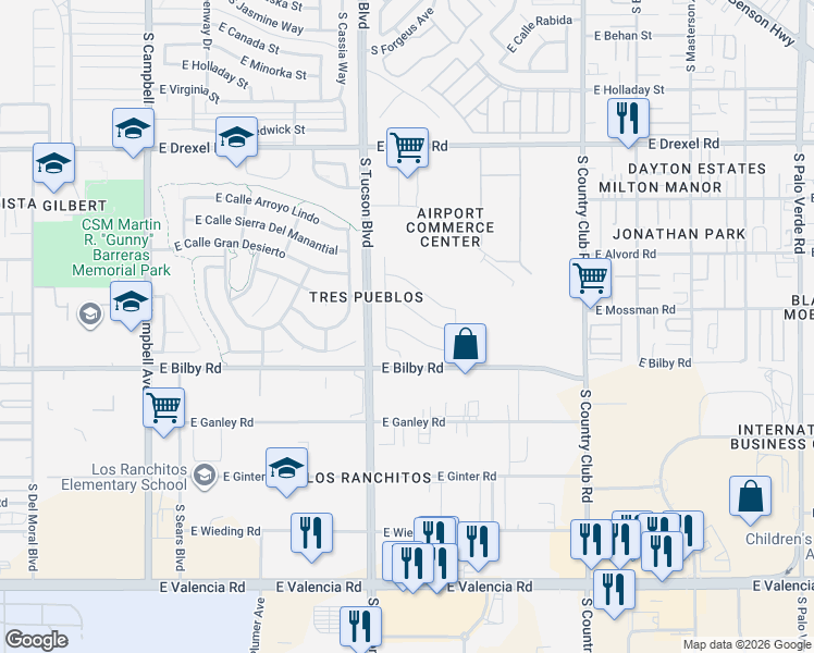 map of restaurants, bars, coffee shops, grocery stores, and more near 2605 East Calle Tobo in Tucson