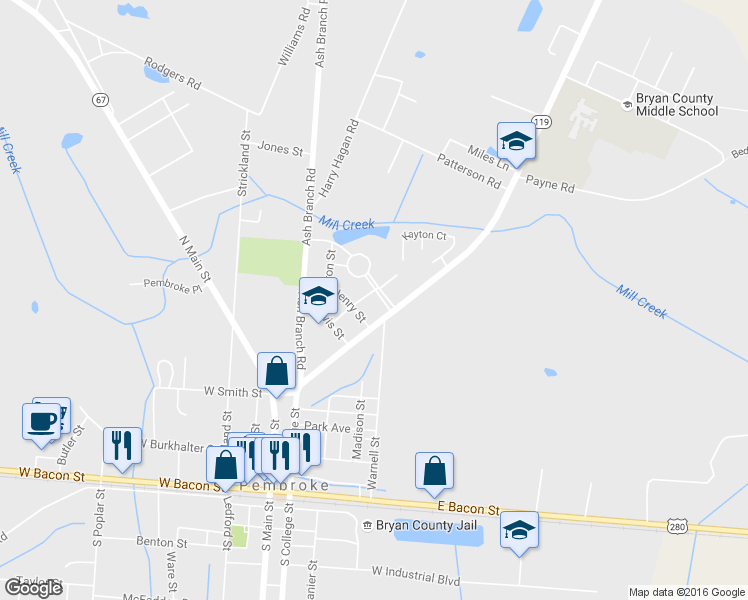 map of restaurants, bars, coffee shops, grocery stores, and more near 204 Judith Street in Pembroke