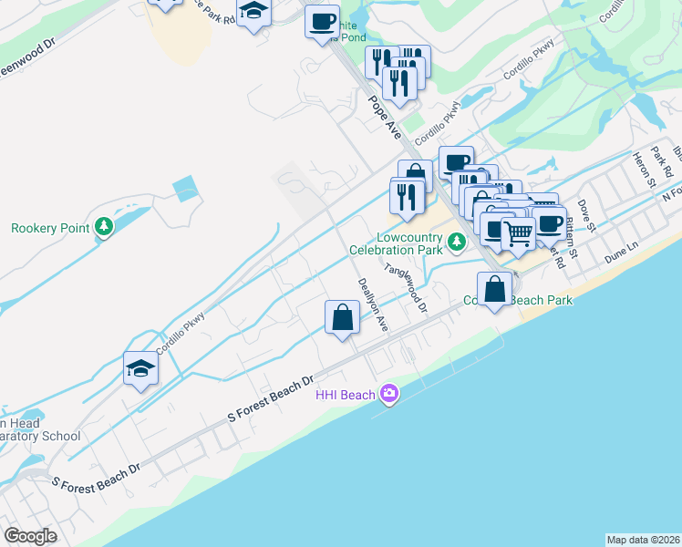 map of restaurants, bars, coffee shops, grocery stores, and more near 35 Deallyon Avenue in Hilton Head Island