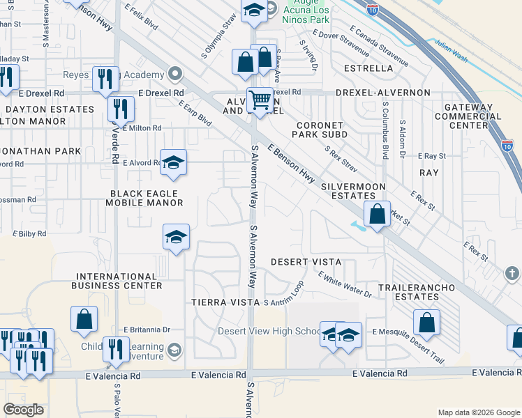 map of restaurants, bars, coffee shops, grocery stores, and more near 6024 South Kirtley Drive in Tucson