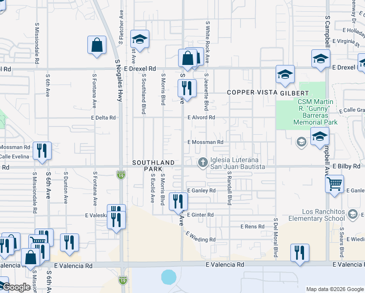 map of restaurants, bars, coffee shops, grocery stores, and more near 5950 South Park Avenue in Tucson