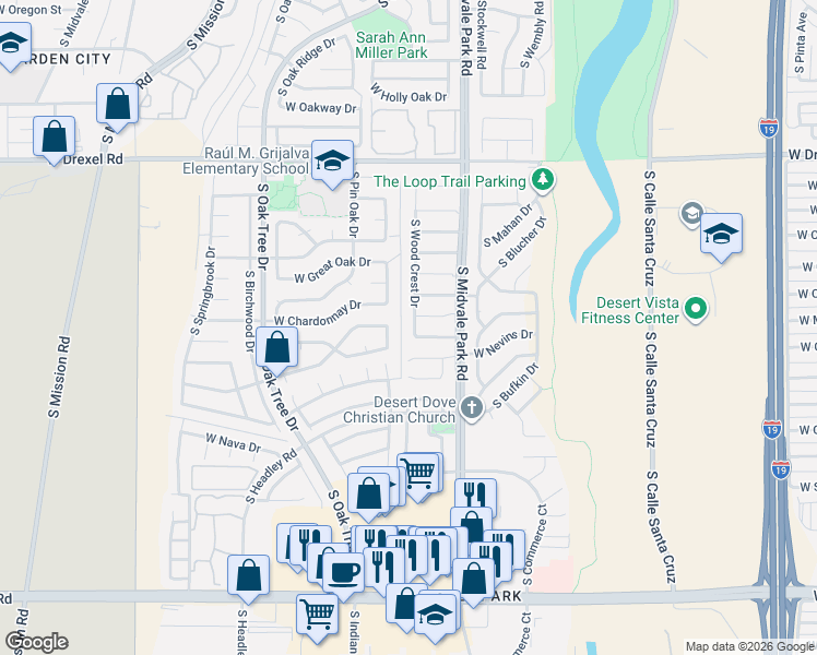 map of restaurants, bars, coffee shops, grocery stores, and more near 5971 South Oaklands Drive in Tucson