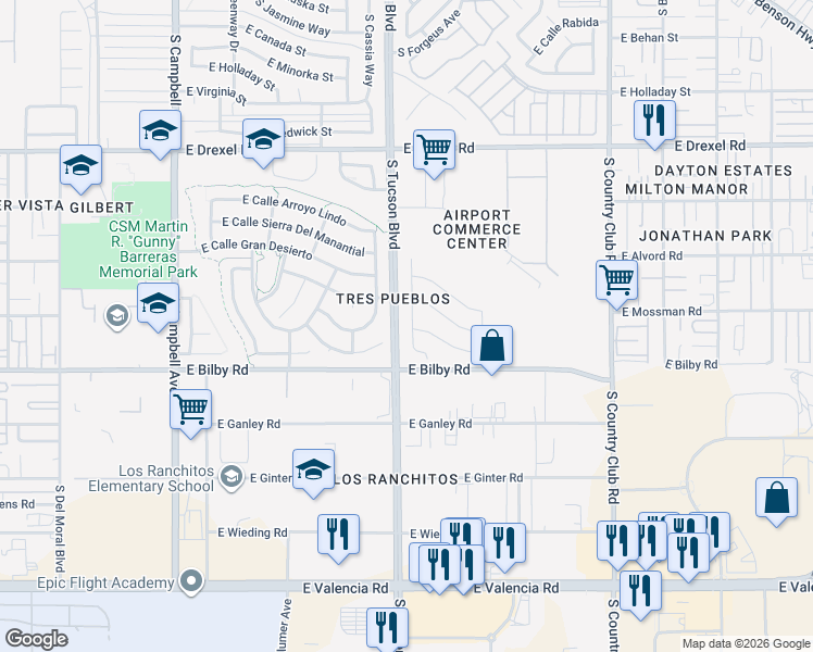 map of restaurants, bars, coffee shops, grocery stores, and more near 2557 Calle Palta in Tucson