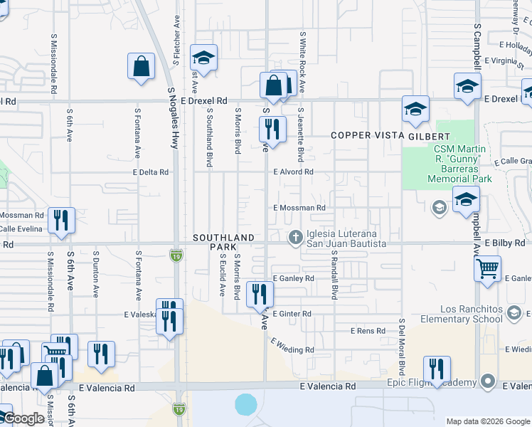 map of restaurants, bars, coffee shops, grocery stores, and more near 5950 South Park Avenue in Tucson
