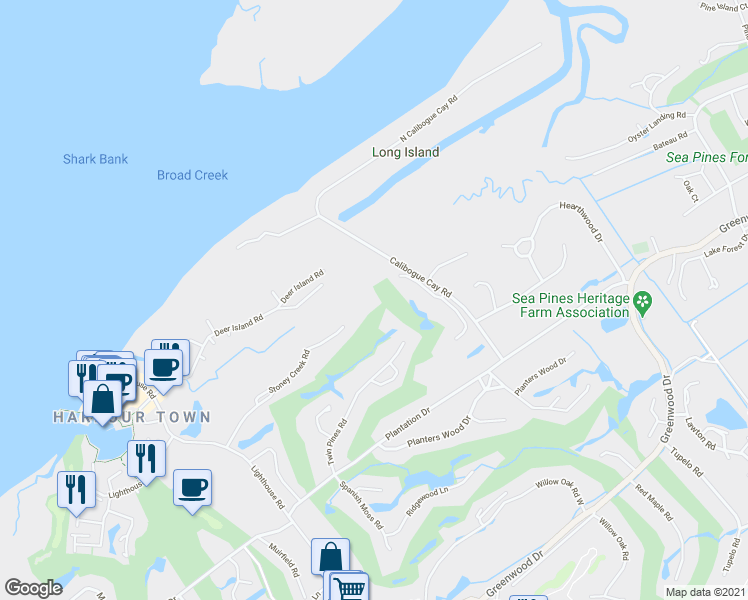 map of restaurants, bars, coffee shops, grocery stores, and more near 64 Stoney Creek Road in Hilton Head Island