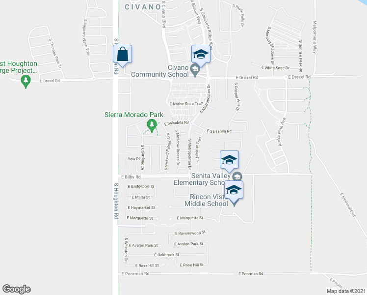 map of restaurants, bars, coffee shops, grocery stores, and more near 10630 East Realgar Place in Tucson