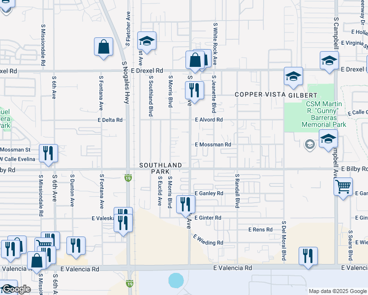 map of restaurants, bars, coffee shops, grocery stores, and more near 5950 South Park Avenue in Tucson