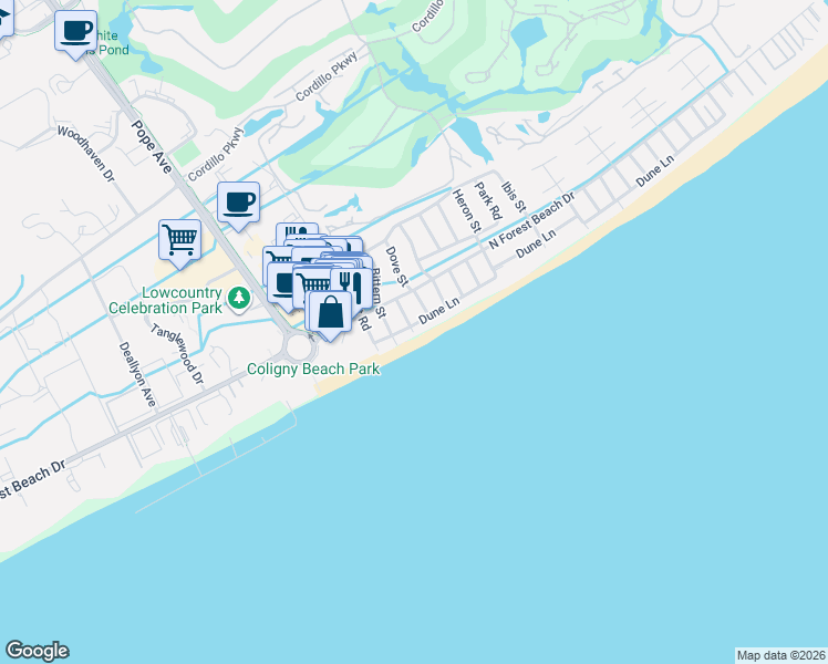 map of restaurants, bars, coffee shops, grocery stores, and more near 98 Curlew Road in Hilton Head Island
