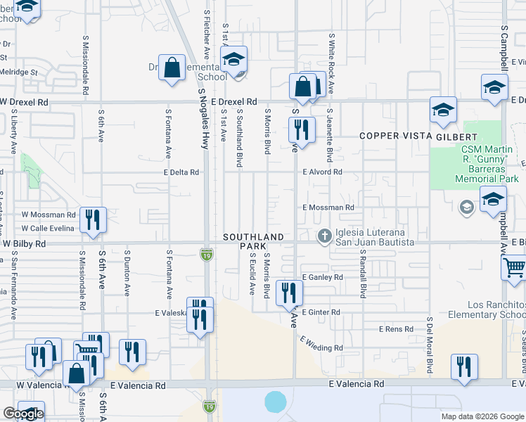 map of restaurants, bars, coffee shops, grocery stores, and more near 5950 South Morris Boulevard in Tucson