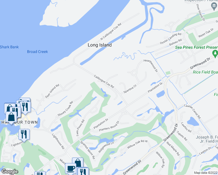 map of restaurants, bars, coffee shops, grocery stores, and more near Briarwood Villas in Hilton Head Island