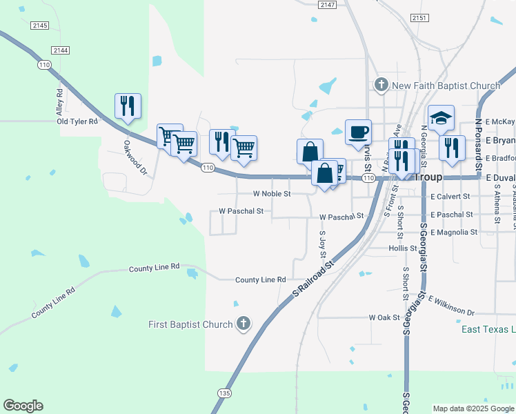 map of restaurants, bars, coffee shops, grocery stores, and more near 1104 West Noble Street in Troup