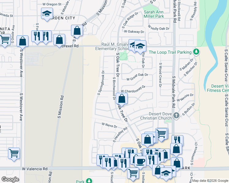 map of restaurants, bars, coffee shops, grocery stores, and more near 1908 West Chardonnay Drive in Tucson