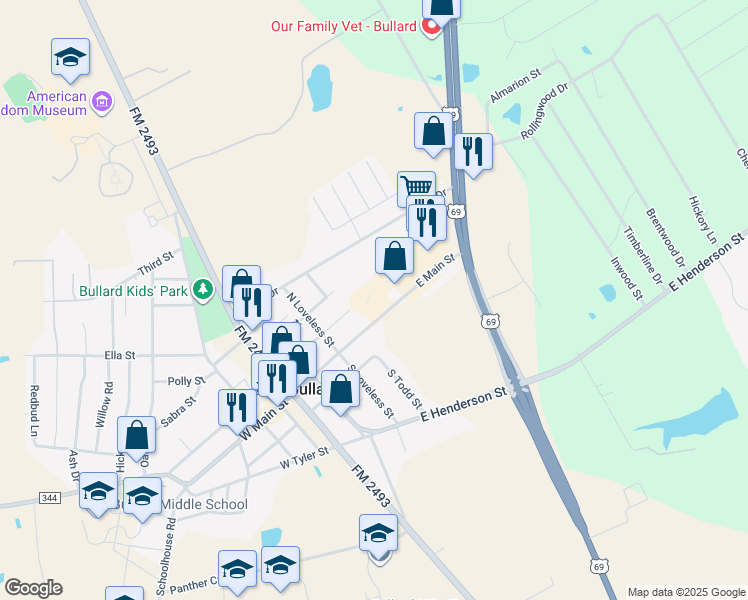 map of restaurants, bars, coffee shops, grocery stores, and more near 417 East Main Street in Bullard