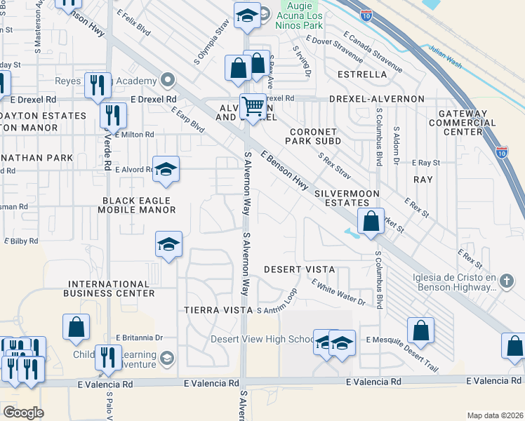 map of restaurants, bars, coffee shops, grocery stores, and more near 6013 South Kirtley Drive in Tucson