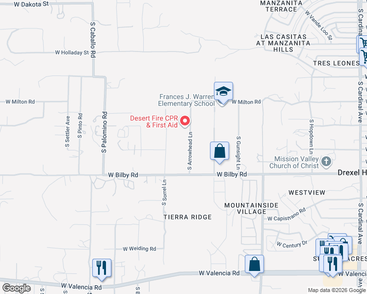 map of restaurants, bars, coffee shops, grocery stores, and more near 5943 South Arrowhead Lane in Tucson