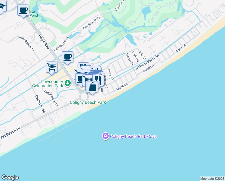 map of restaurants, bars, coffee shops, grocery stores, and more near 17 Bittern Street in Hilton Head Island