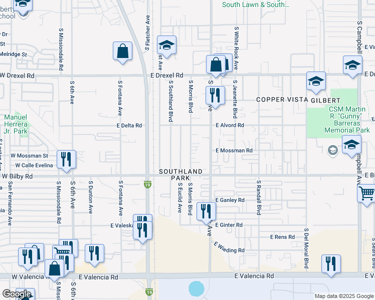 map of restaurants, bars, coffee shops, grocery stores, and more near 5950 South Morris Boulevard in Tucson