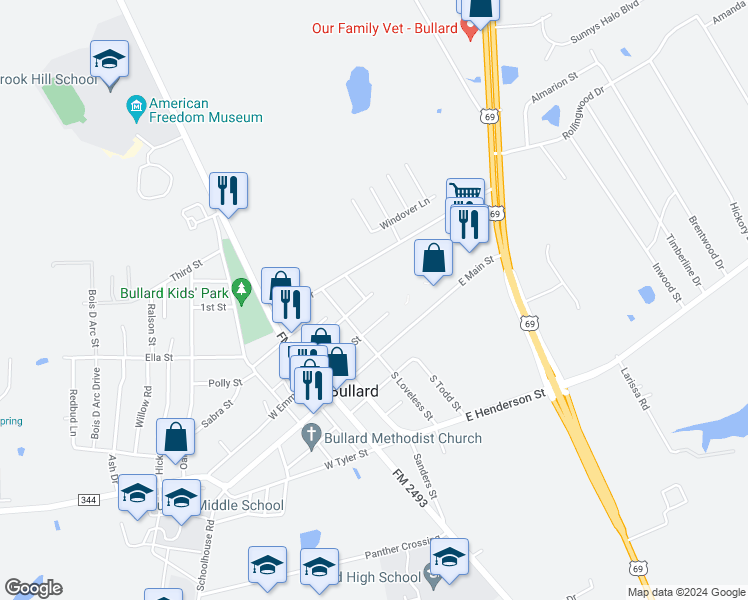 map of restaurants, bars, coffee shops, grocery stores, and more near 402 Water Street in Bullard