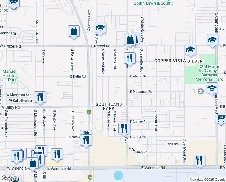 map of restaurants, bars, coffee shops, grocery stores, and more near 5950 South Morris Boulevard in Tucson