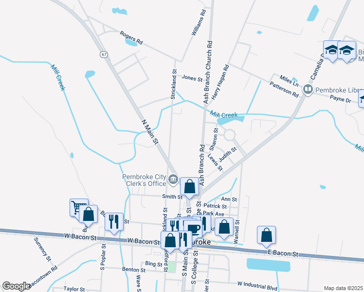 map of restaurants, bars, coffee shops, grocery stores, and more near 206 Ash Branch Road in Pembroke