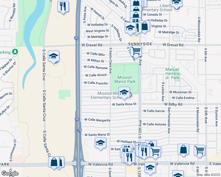 map of restaurants, bars, coffee shops, grocery stores, and more near 5974 South Santa Clara Avenue in Tucson