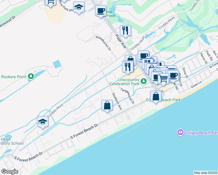 map of restaurants, bars, coffee shops, grocery stores, and more near 25 Deallyon Avenue in Hilton Head Island
