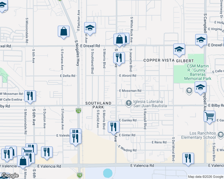 map of restaurants, bars, coffee shops, grocery stores, and more near 5950 South Park Avenue in Tucson