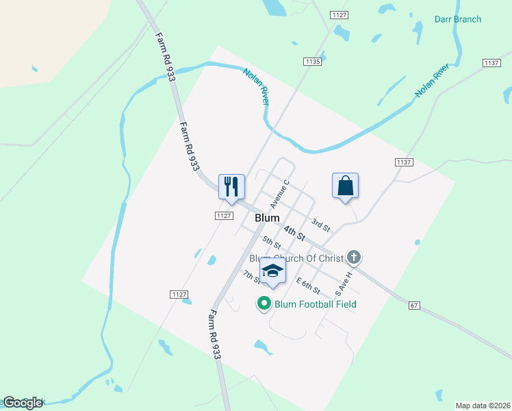 map of restaurants, bars, coffee shops, grocery stores, and more near 114 4th Street in Blum