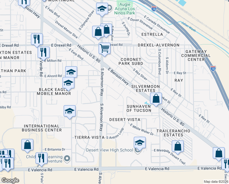 map of restaurants, bars, coffee shops, grocery stores, and more near 5994 South Tappen Drive in Tucson