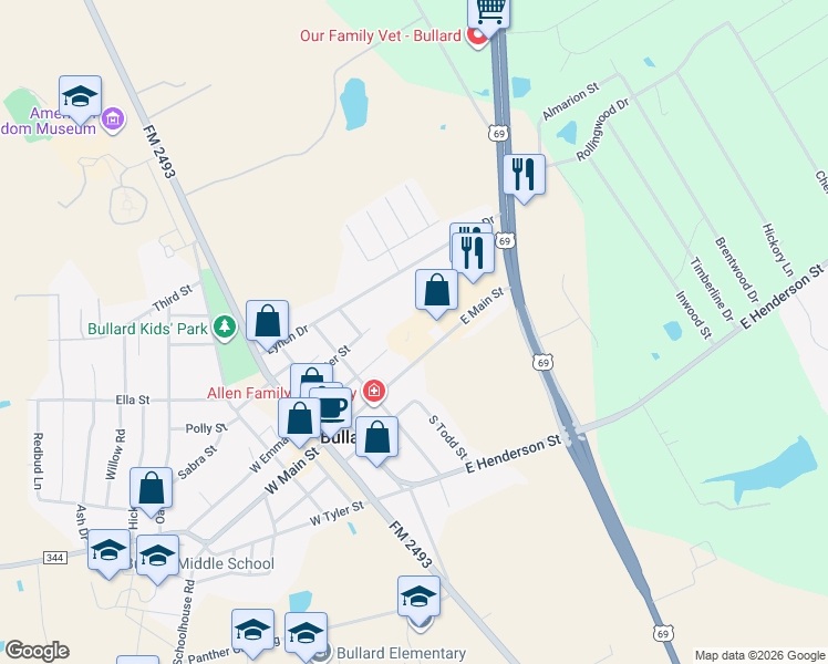 map of restaurants, bars, coffee shops, grocery stores, and more near 521 East Main Street in Bullard