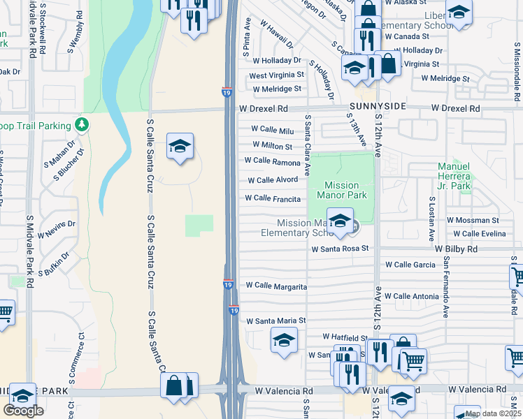 map of restaurants, bars, coffee shops, grocery stores, and more near 941 West Calle Francita in Tucson