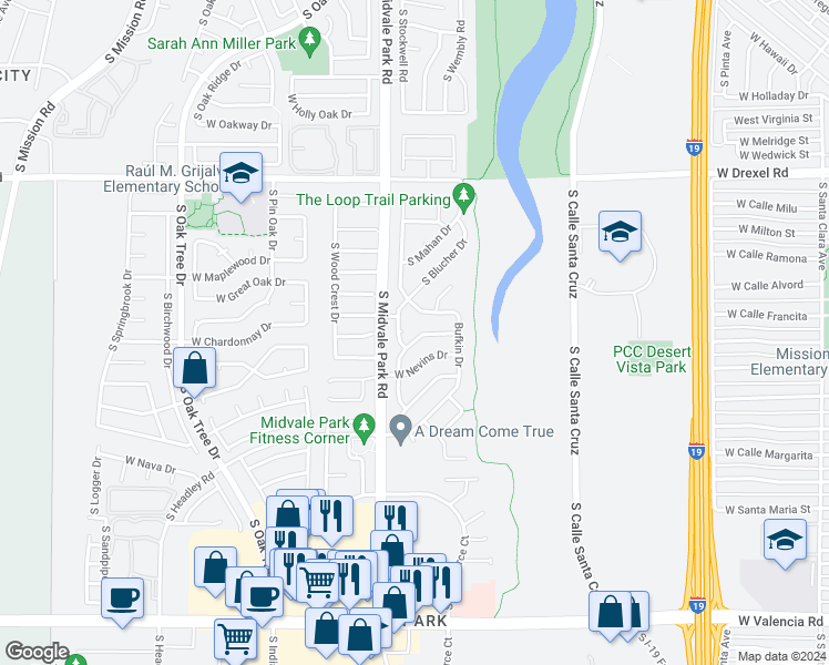 map of restaurants, bars, coffee shops, grocery stores, and more near 1518 West Lama Drive in Tucson
