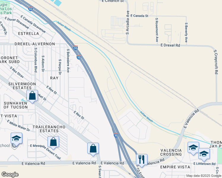 map of restaurants, bars, coffee shops, grocery stores, and more near Julian Wash Greenway in Tucson
