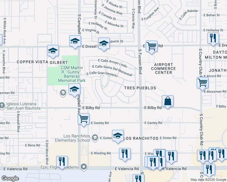 map of restaurants, bars, coffee shops, grocery stores, and more near 5965 South Placita Picacho El Diablo in Tucson