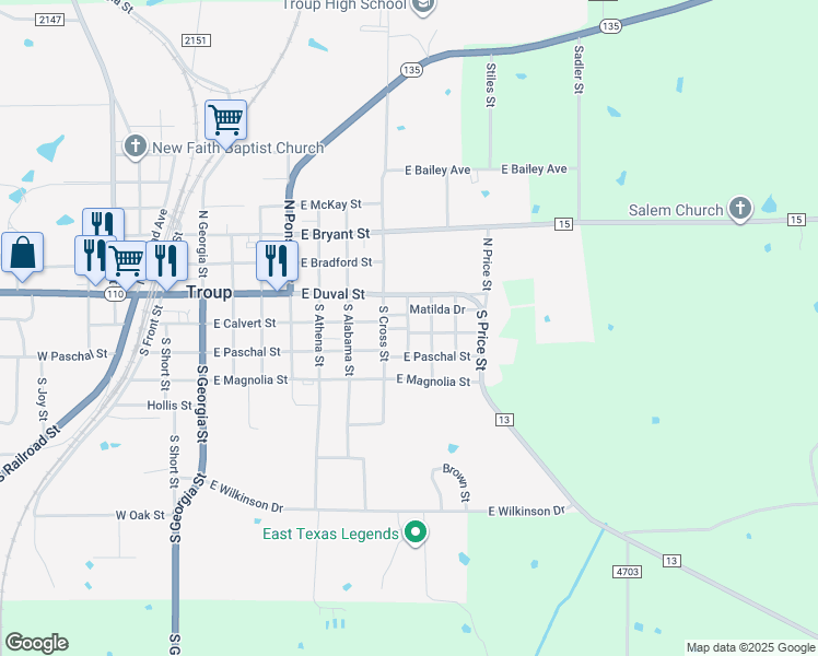 map of restaurants, bars, coffee shops, grocery stores, and more near 298 South Lowry Street in Troup