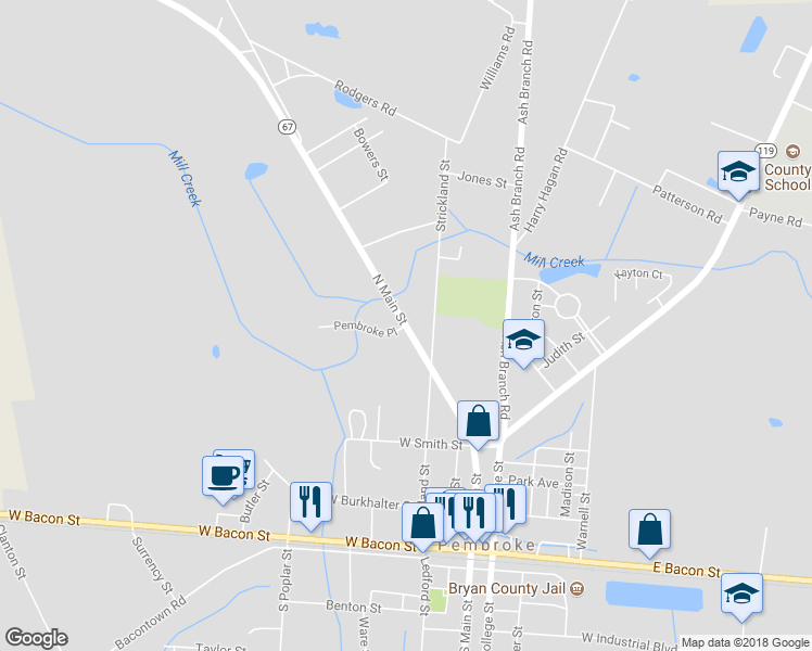 map of restaurants, bars, coffee shops, grocery stores, and more near North Main Street in Pembroke