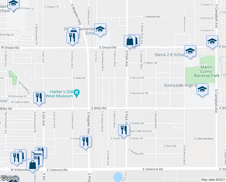 map of restaurants, bars, coffee shops, grocery stores, and more near 5950 South Morris Boulevard in Tucson