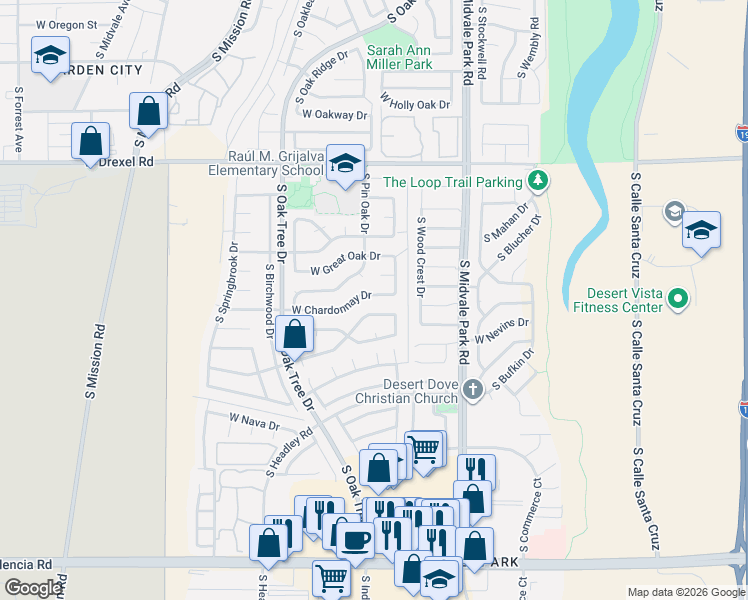 map of restaurants, bars, coffee shops, grocery stores, and more near 1741 West Chardonnay Drive in Tucson