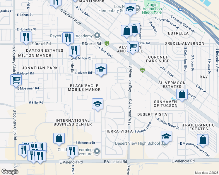 map of restaurants, bars, coffee shops, grocery stores, and more near 6000 South Nantac Rim Drive in Tucson