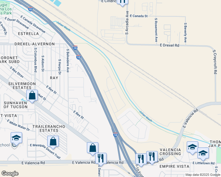 map of restaurants, bars, coffee shops, grocery stores, and more near Julian Wash Greenway in Tucson