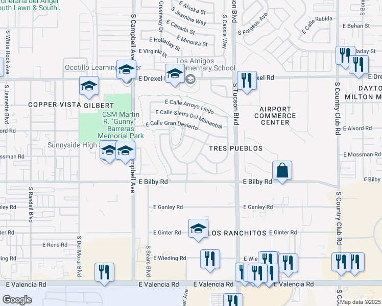 map of restaurants, bars, coffee shops, grocery stores, and more near 5965 South Placita Picacho El Diablo in Tucson
