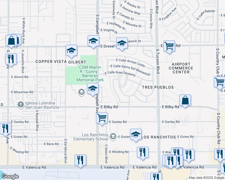 map of restaurants, bars, coffee shops, grocery stores, and more near 5994 South Avenida Las Monjas in Tucson