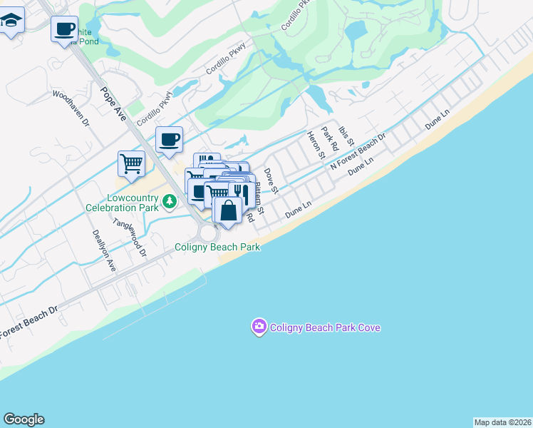 map of restaurants, bars, coffee shops, grocery stores, and more near 17 Bittern Street in Hilton Head Island
