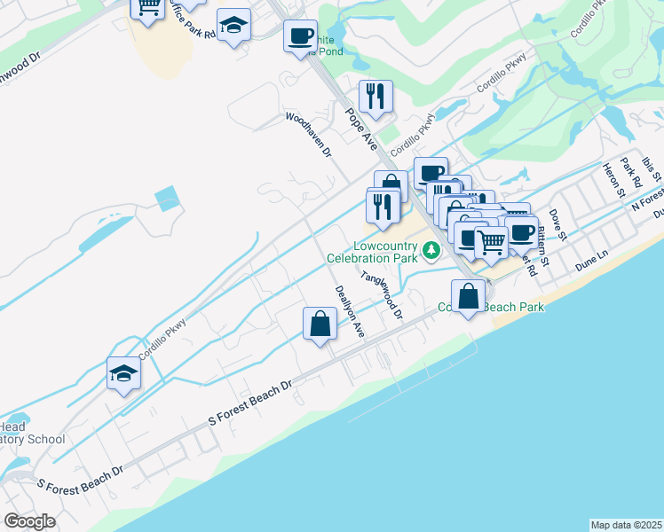 map of restaurants, bars, coffee shops, grocery stores, and more near 24 Deallyon Avenue in Hilton Head Island