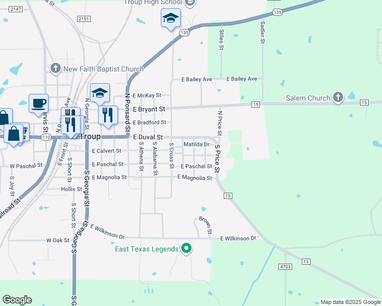 map of restaurants, bars, coffee shops, grocery stores, and more near 205 South Langham Street in Troup