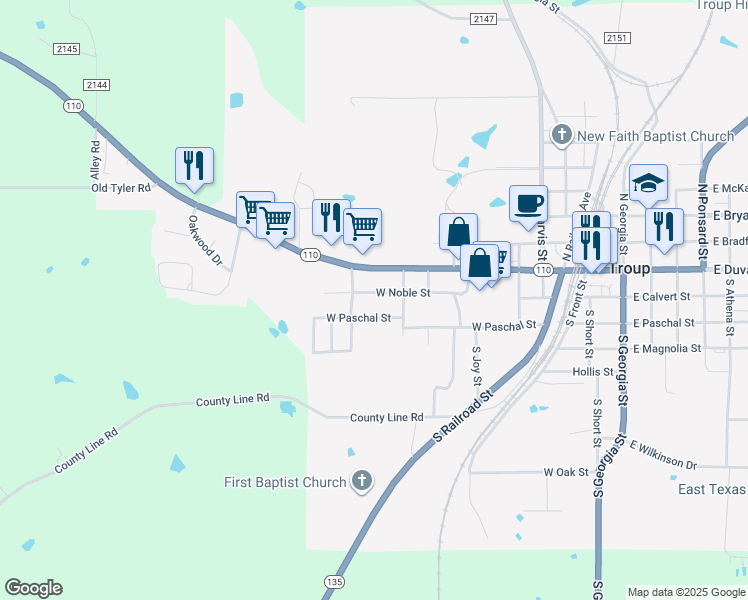 map of restaurants, bars, coffee shops, grocery stores, and more near 1104 W Noble St in Troup