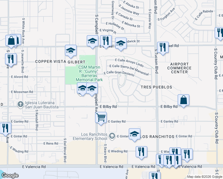 map of restaurants, bars, coffee shops, grocery stores, and more near 5994 South Avenida Las Monjas in Tucson